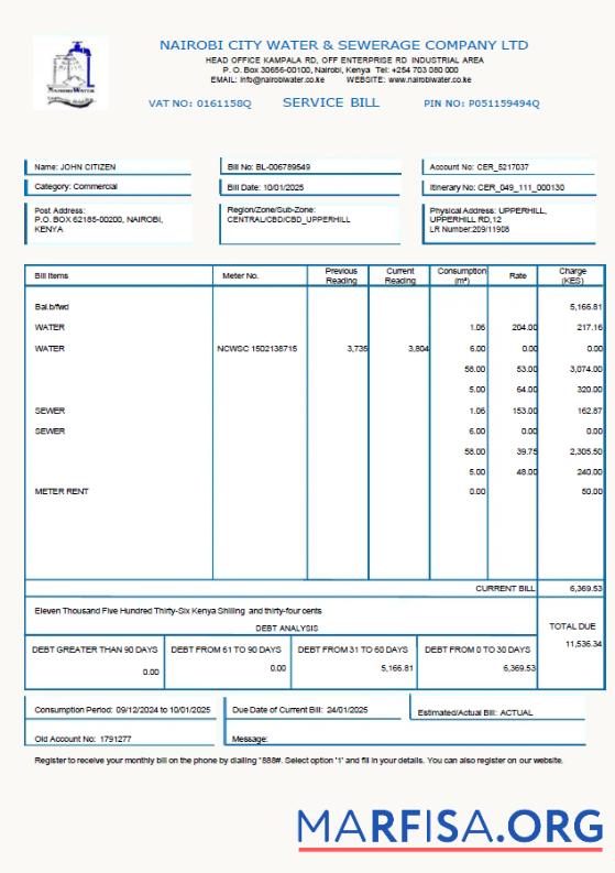 Downloadable Kenya Nairobi City Water and Sewerage Company utility bill template in Word and PDF formats
